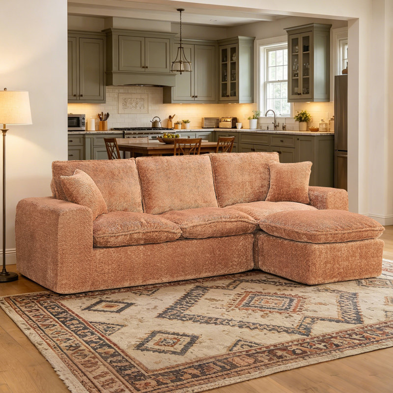 Masir Oversized Modular Sectional Sofa with Movable Ottoman, Comfy Orange Boucle Upholstery,2 Throw Pillows Included, Orange