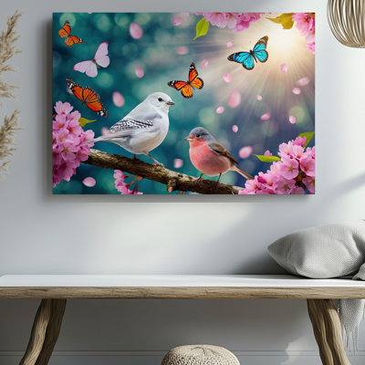 Toile dans une scène enchanteresse vibrante, oiseau blanc dodu avec art mural, délicates plumes chatoyantes perchées sur une branche rugueuse