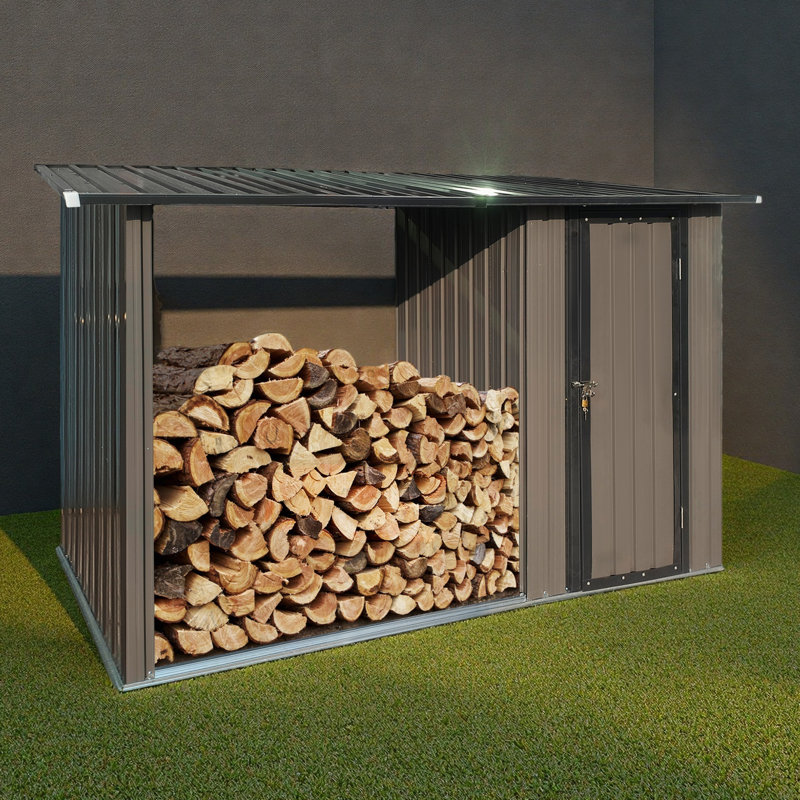 Outdoor Metal Firewood Rack And Storage Shed, Brown And Black,Two-In-One Function