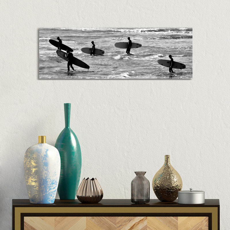 5 Surfers In Black And White 1 Piece Panoramic Wall Art on Canvas, 30.48 cm H x 91.44 cm W x 1.91 cm D, Canvas