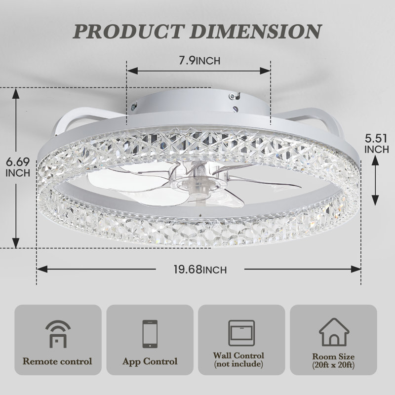 Kalyx Modern Crystal Ceiling Fan Light with Remote and Smart APP, White