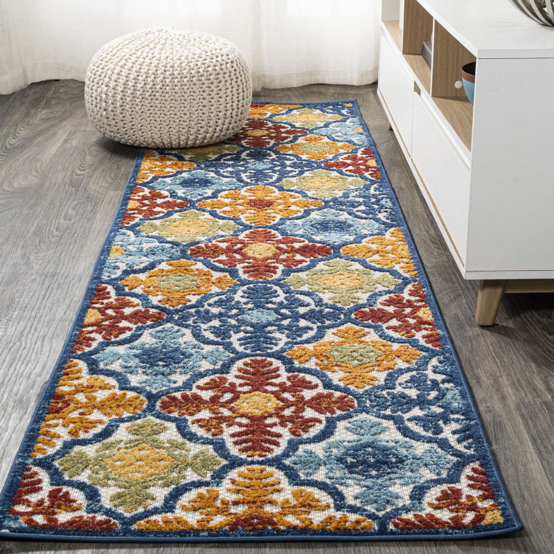 Heimdall Ornate Ogee Trellis High-Low Blue/Multi Indoor/Outdoor Rug, Runner 2'3" x 10'