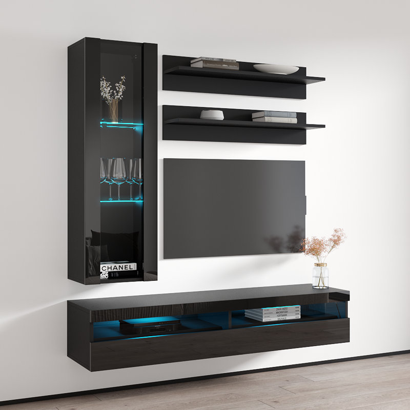 Laryssa 63" Modern Floating Wall Mounted Entertainment Center with 16-Color LED Lighting, High Gloss Finish, Black