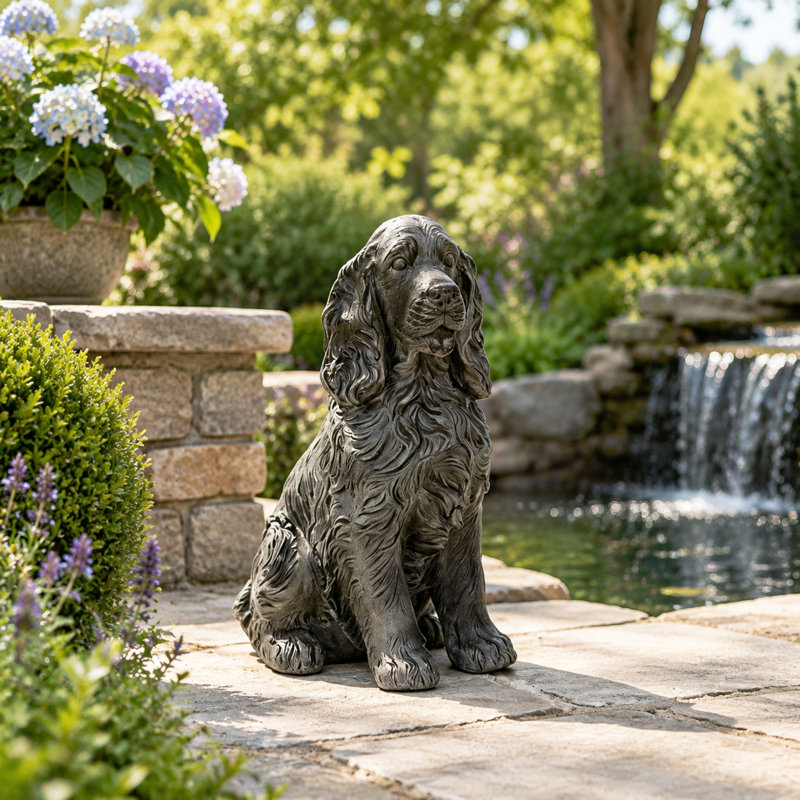Statue de jardin réaliste représentant un cocker spaniel assis