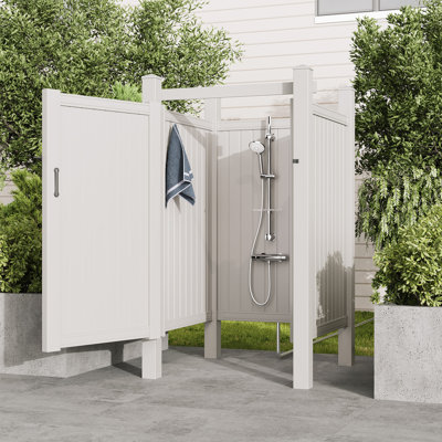 Outdoor Shower Enclosure White Vinyl Privacy Kit With Door For Pool & Beach