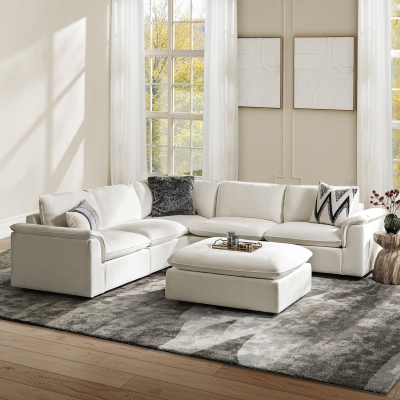 Cioffi 114"W Oversized L Shaped 6 Piece Down Blend Modular Cloud Sectional Sofa with Removable Cushion Cover, Ivory Polyester