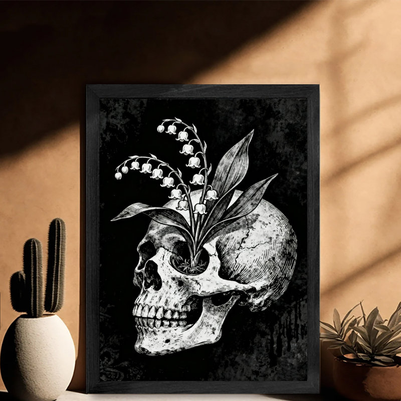 Art encadré noir, "La fleur de cloche" plantée dans la douille de l'œil du crâne, impressions sur toile de style rétro