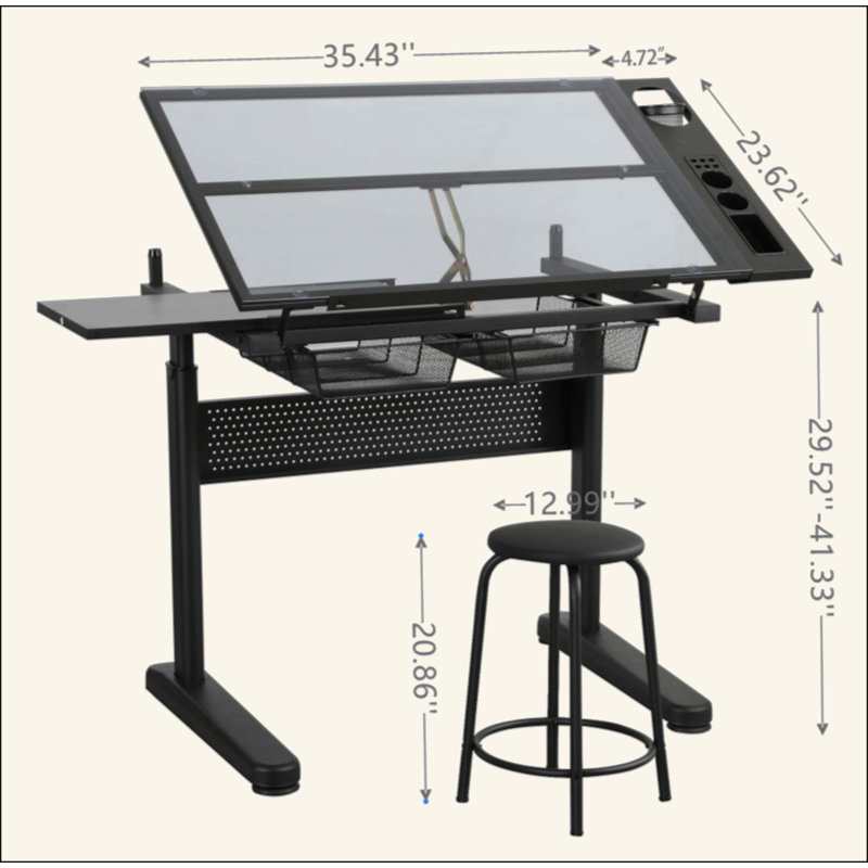 Bureau à dessin à manivelle réglable avec 2 tiroirs en métal, Noir