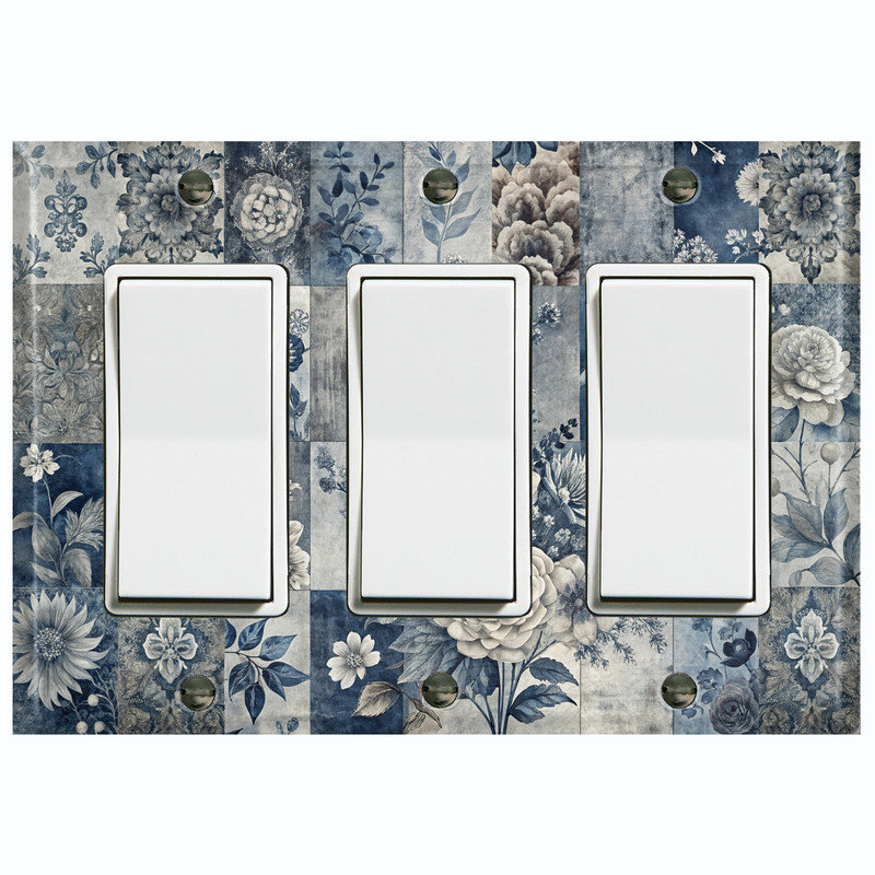 Couvercle de plaque d'interrupteur en métal; Fauteuil à bascule GFI 3 bandes US Standard - motif floral rétro bleu