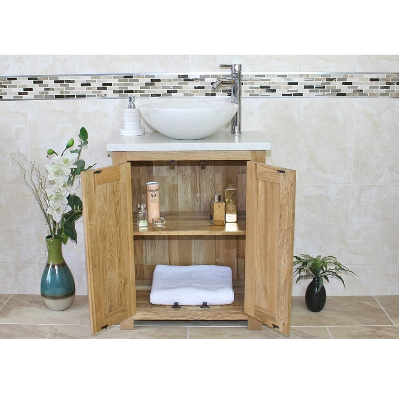 Cowen 650mm Single Bathroom Vanity with Vessel St1 Basin, White Marble, White Quartz, Light Wood
