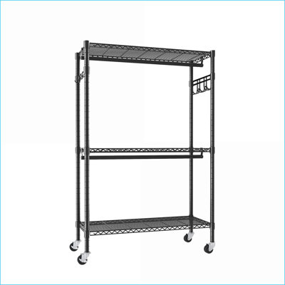 Coat Racks, Heavy Duty Rolling Clothes Rack with 3 Tiers, 2 Rods &amp; Side Hooks | Black Metal