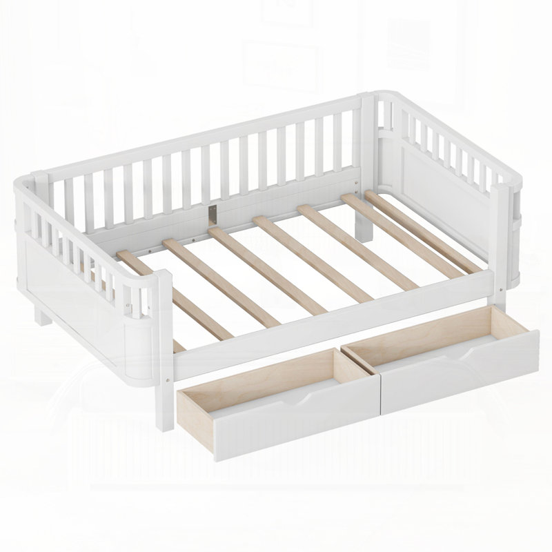 Lit simple en bois à profil bas avec rails, Lit simple, Blanc
