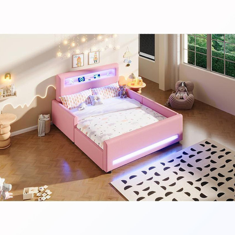Lit double tapissier pleine grandeur avec tiroir et bande lumineuse à DEL et port USB, Pink
