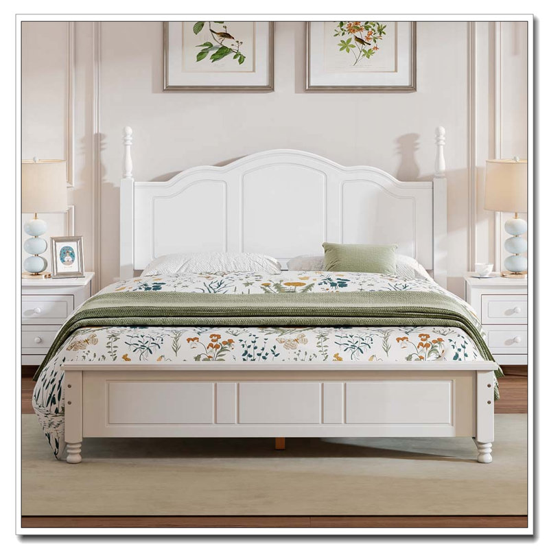Grand lit plateforme rétro en bois avec support en lattes de bois, Blanc