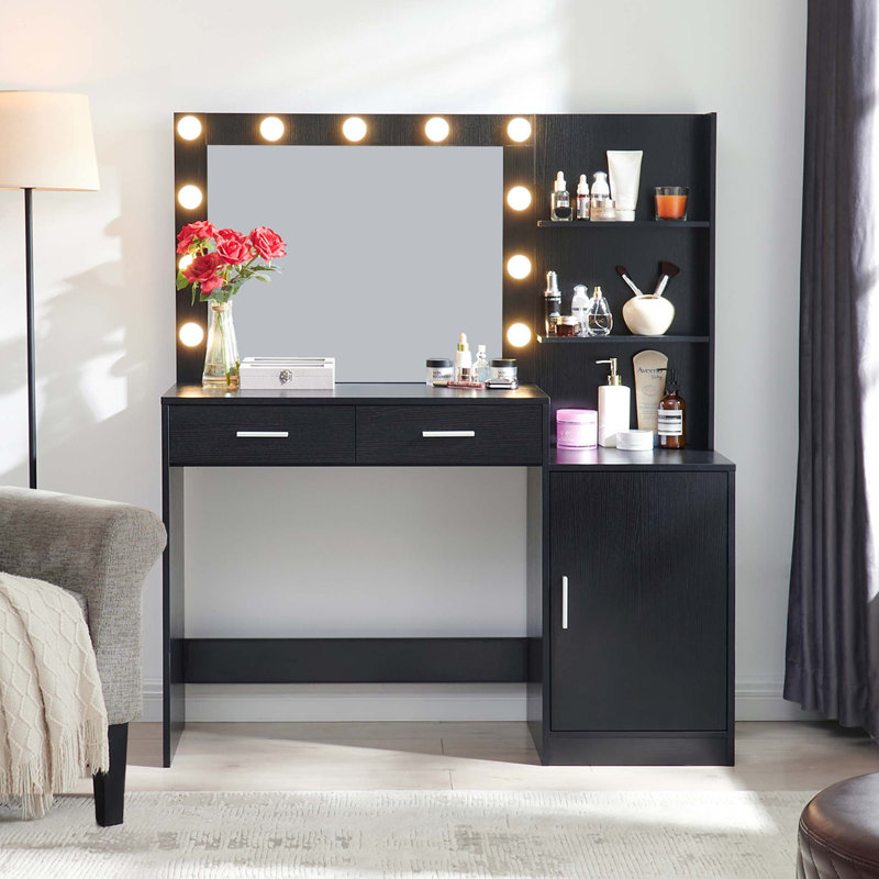 Vanity Desk with Mirror and Lights, 46.4IN Dressing Table with 2 Large Drawer&Large Vertical Organizer, 3 Level Dresser & 3 Lighting Modes Adjustable Brightness, Suitable for Bedroom