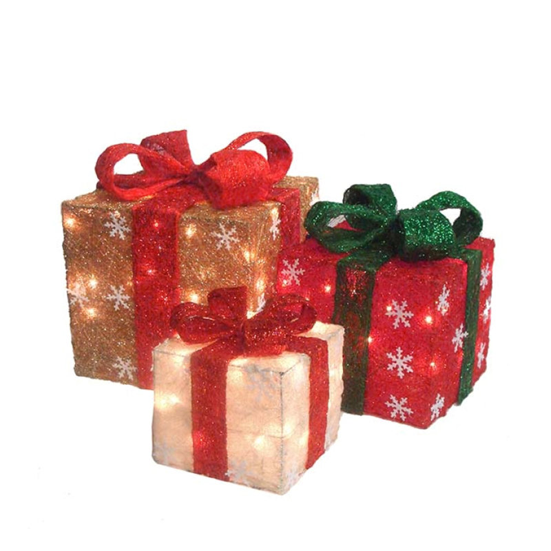 Ensemble de 3 boîtes-cadeaux de Noël rouges et crème illuminées pour l'extérieur 10 po