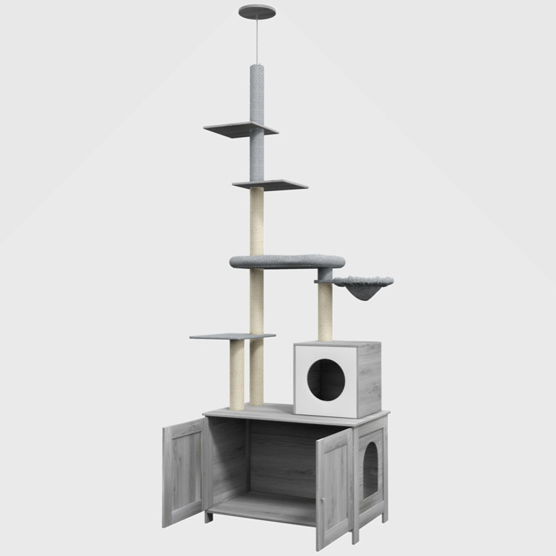 Cat Tree With Litter Box Enclosure, 2 In 1 Floor To Ceiling Cat Tower Litter Box Furniture With Condo, Bed, Hammock, Scratching Posts, And Platforms For Indoor Use, Grey