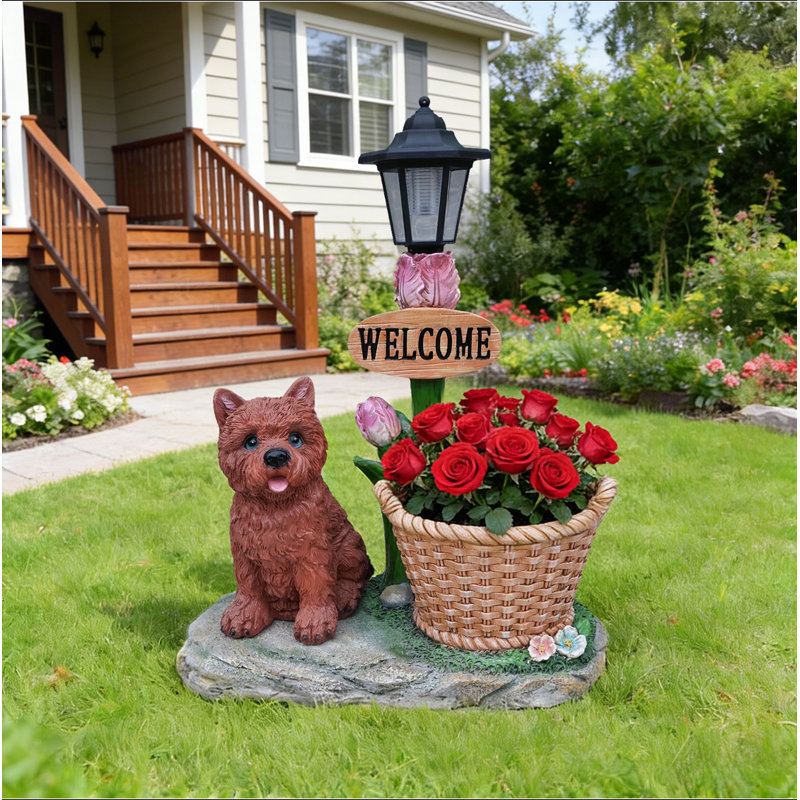 Statue d'extérieur de jardinière solaire chiot assis