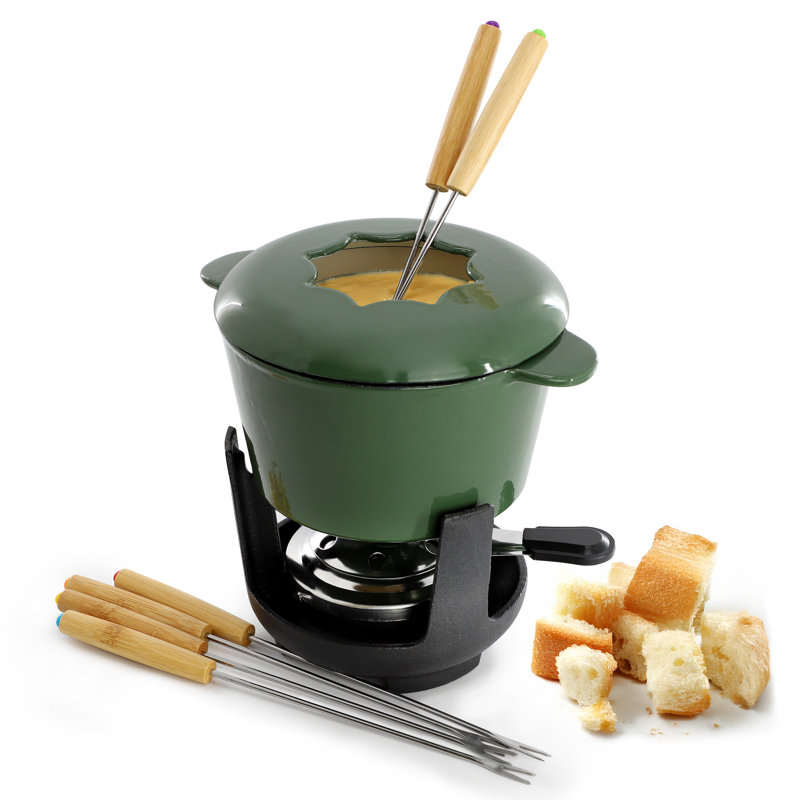 Fondue en fonte émaillée MegaChef avec 6 fourchettes de service en vert