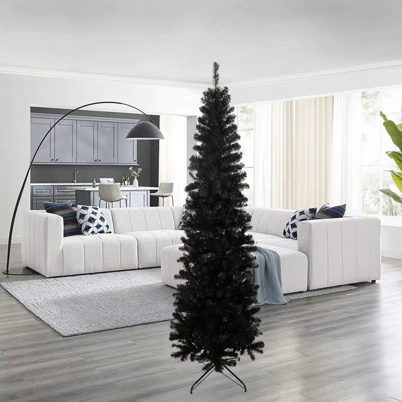Arbre de Noël noir 7,5 pi avec base en métal pliable, H 7 pi 5 po, Noir