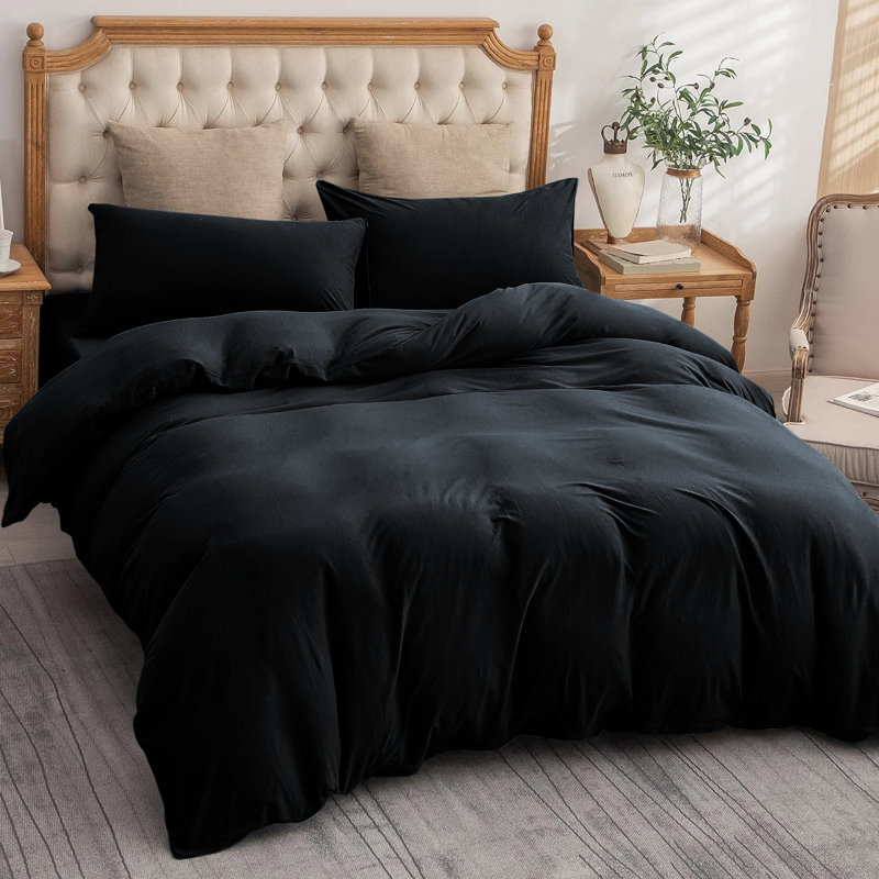 Nitzy Super Soft Reversible Plain Duvet Cover with Pillowcases, UK Single - DE 137 x 200 cm, Black