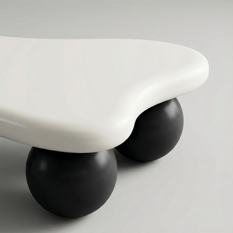 Table basse de 40 pouces en forme de nuage avec 3 pieds sphériques pour le salon, pieds blancs et pieds noirs, Blanc, Noir