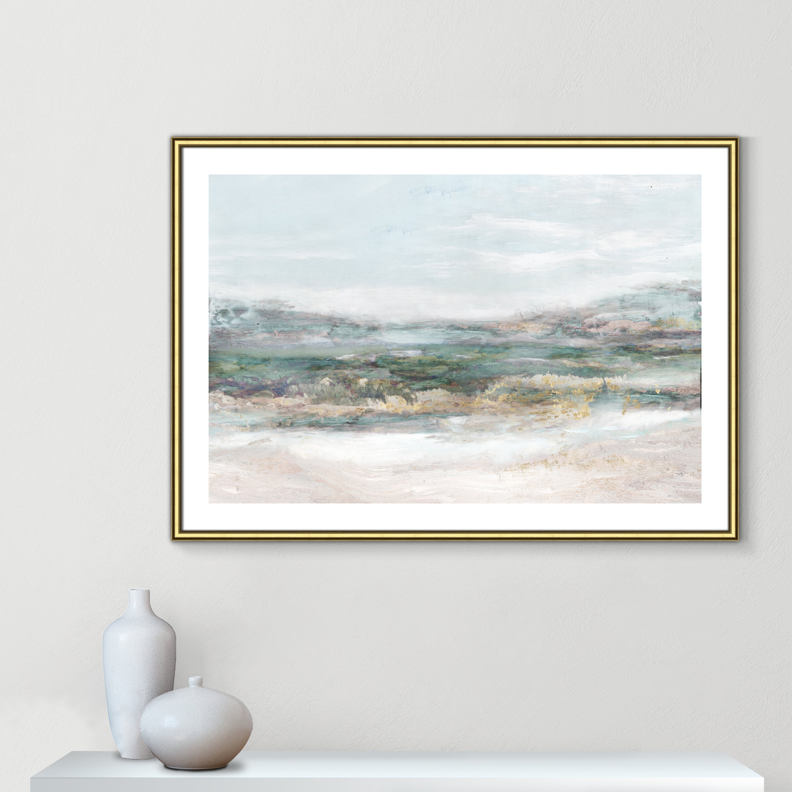 Dazzling by Matina Theodosiou - Painting Print on Canvas, Gold Framed Paper, White, 29.5" H x 41.5" W x 0.875" D