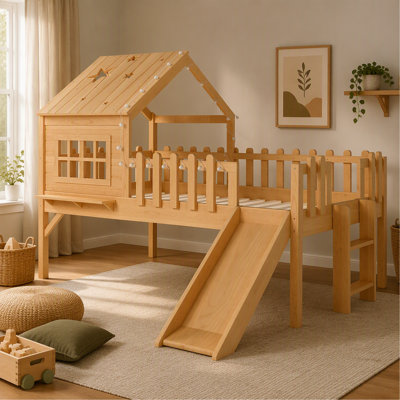 Lit mezzanine simple avec glissade, lit maisonnette avec motifs en forme d'étoile et fenêtre, design chic avec lumières DEL, pas de sommier tapissier nécessaire, naturel