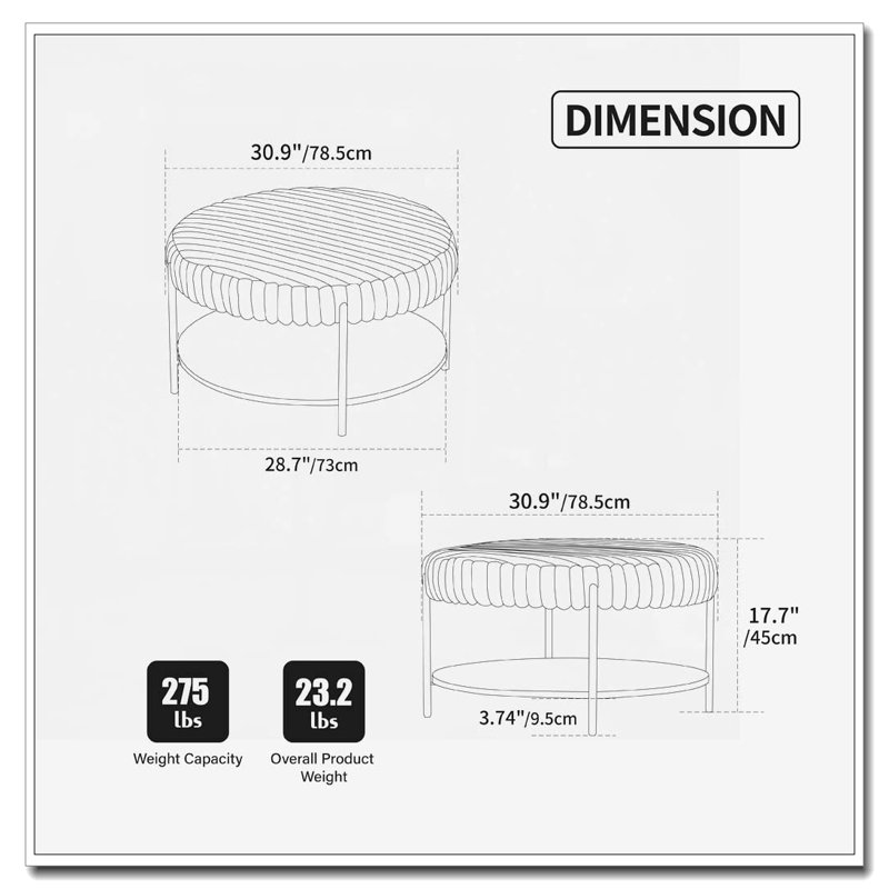 30.9"Wide Faux Fur Upholstered Round Ottoman Coffee Table Foot Rest with Black Metal Legs, Charcoal