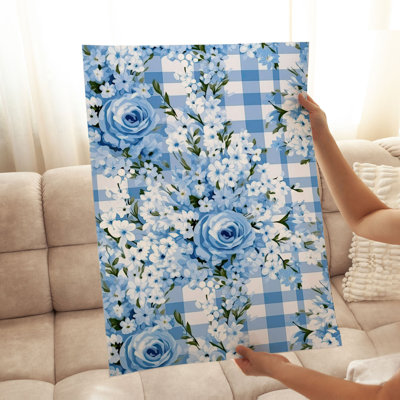 Floral Blue Gingham Flowers I Unframed Art Print