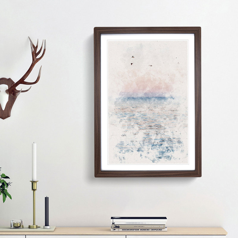 Birds Above The Ocean Watercolour - Picture Frame Graphic Art, Walnut Framed, 87cm H x 62cm W x 2cm D