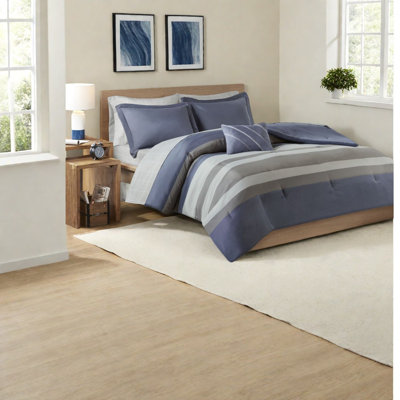 Complete Bedding Sets Queen Polyester Blue Grey Striped For Modern Home