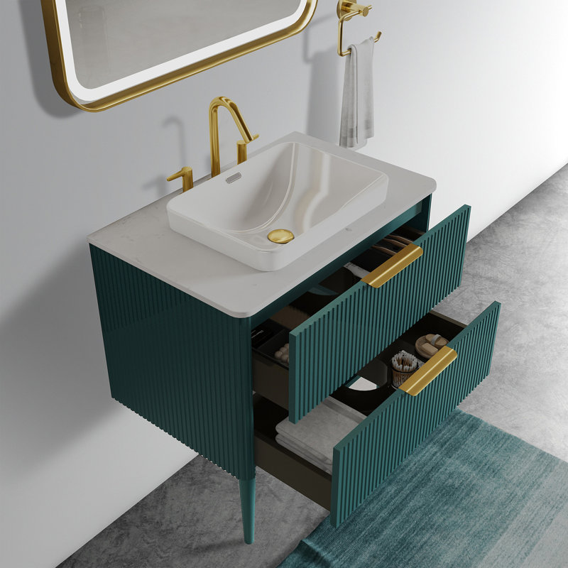 Meuble-lavabo rayé aigue-marine 30 po, conception moderne, grand rangement, charnières, meuble-lavabo de construction 30 po, autoportant pour salle de bain, panneaux de catégorie E1