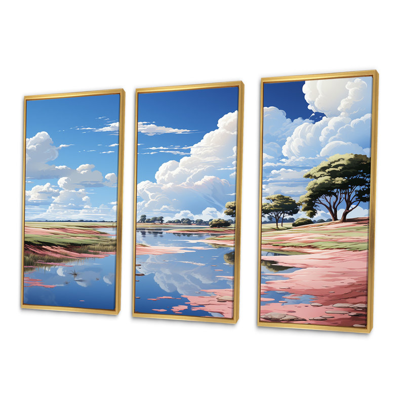 «Japanese Golf Course Landscape Harmony II - River», ensemble d'art mural, Cadre flottant doré, H 32 po x l 48 po x P 1 po
