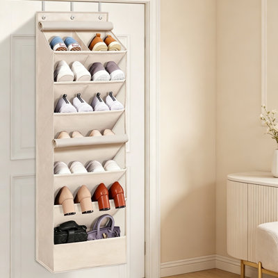 Grand range-chaussures beige sur le dessus de la porte avec poches profondes: grande capacité, installation sans perceuse - permet de ranger facilement plusieurs paires de chaussures
