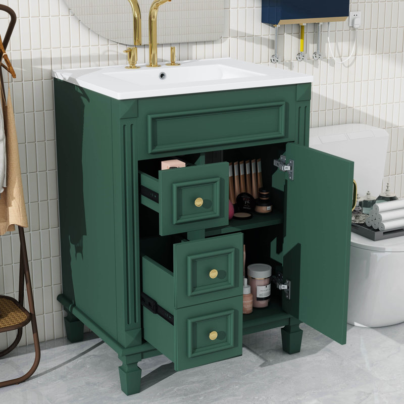 Meuble-lavabo 24 po avec lavabo, meuble-lavabo autoportant avec deux tiroirs de rangement et tablettes réglables, meuble-lavabo moderne avec lavabo simple pour petite salle de bain