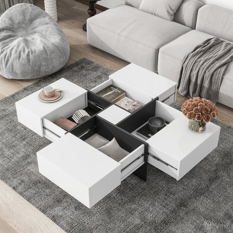 Table basse de conception unique avec 4 compartiments de rangement cachés, table de cocktail carrée avec plateau coulissant extensible, table centrale ultra brillante pour le salon de 31,5 po x 31,5 po