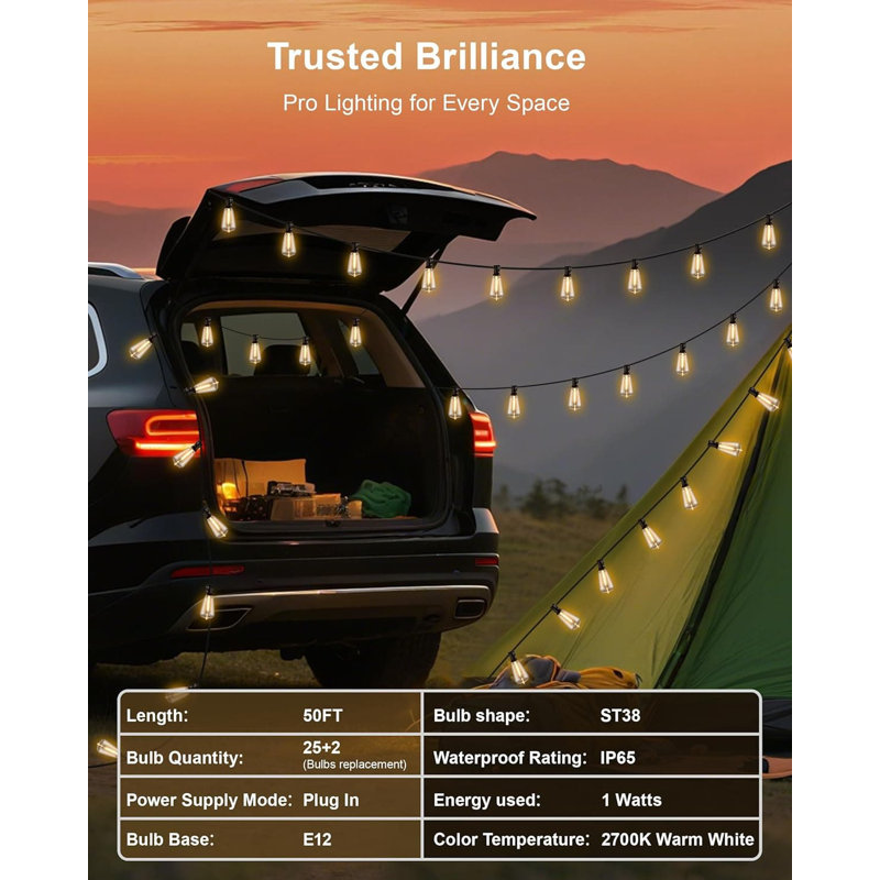 Guirlande de 50 lumières pour l'extérieur avec 27 ampoules à DEL incassables, lumières de patio imperméables et à intensité variable connectables Edison IP65 pour le jardin, le balcon, le porche, la cour et la terrasse