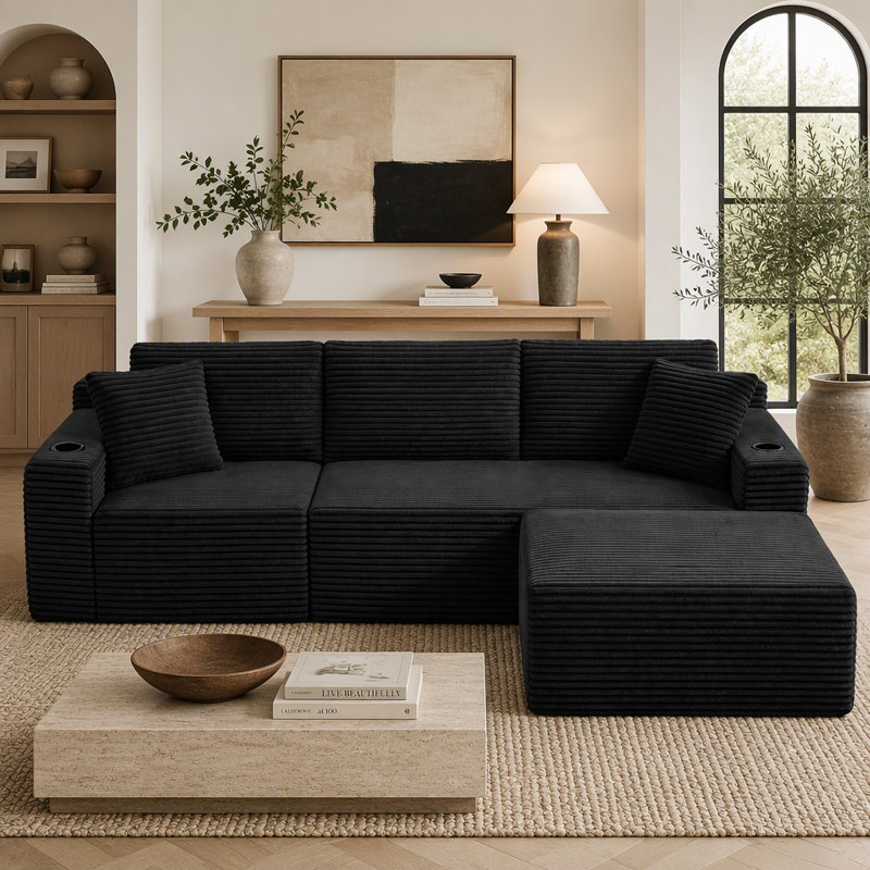 Canapé modulaire en L en velours côtelé avec repose-pieds et porte-gobelets, Velours côtelé noir, Noir