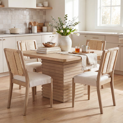 Liora 4-Person Scandinavian Modern Dining Set with Fluted Table and Woven-Back Upholstered Chairs
