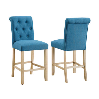 Tabourets en bois massif à dossier capitonné à hauteur de comptoir Siena, 2, bleu