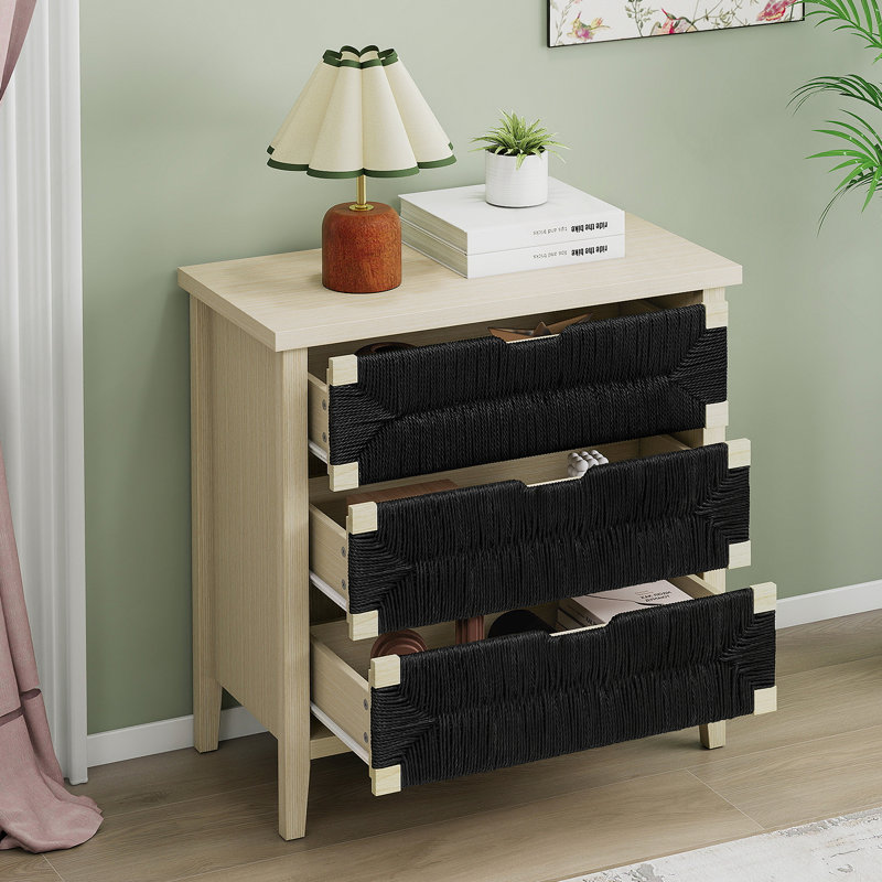 3 Drawer Buffet Sideboard With Adjustable Shelves, Storage Cabinet With Natural Seaweed Decor Doors For Living Room Kitchen Entryway