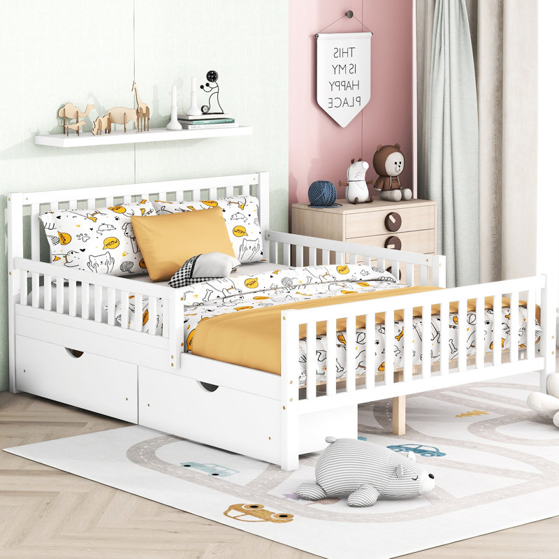 Lit double en bois robuste avec garde-corps et deux tiroirs de rangement pour une chambre à coucher sécurisée