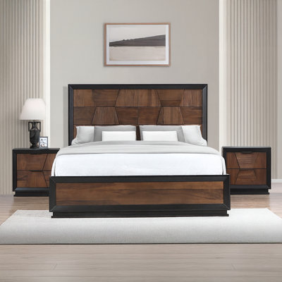 Aurelio Sculpted Walnut & Ebony Geo-Panel Bed with Nightstand