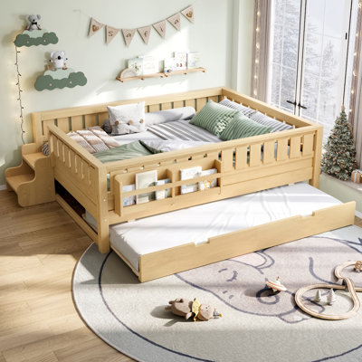 Lit mezzanine double avec bibliothèque intégrée pour enfants, petit escalier, rails de sécurité et lit gigogne