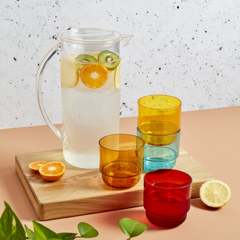 Clear Acrylic Pitcher with Colorful Stacking Tumblers Set