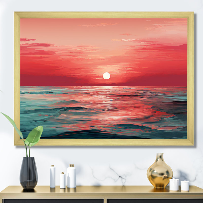 «Red and Blue Crimson Horizon Harmony - Nautical & Beach», reproduction d'art sur toile_105672, Encadrement doré