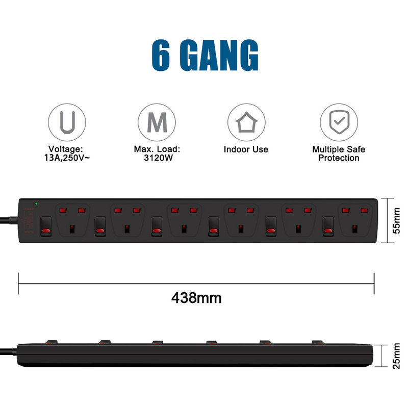 Wall Mounted White 6-Way Extension Lead with Individual Switches, 13A Fused UK 3 Pin Plug, Black