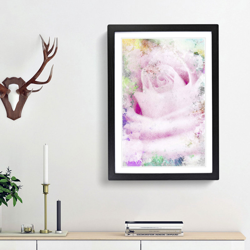 A Sole Pink Rose in Abstract - Picture Frame Painting Print, 36cm H x 27cm W x 2cm D, Black Framed