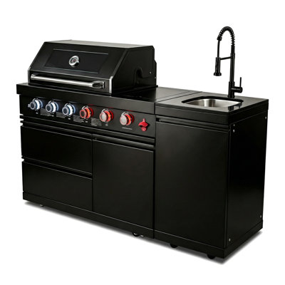 Barbecue à gaz de cuisine de 46 pouces (117 cm) avec grilles de cuisson en acier inoxydable, allumage électronique, tiroirs de rangement, brûleur infrarouge extérieur en céramique, grille de maintien au chaud et thermomètre.